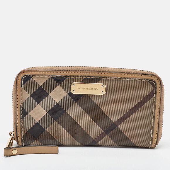 Burberry Beige Nova Check Coated Canvas Zip Around Wallet